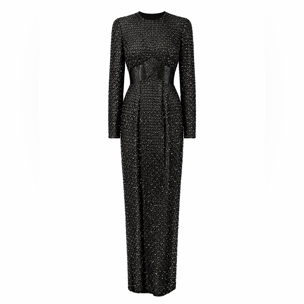 Oleg Cassini Beaded Silk Evening Gown Black Tie 1980s Size 10